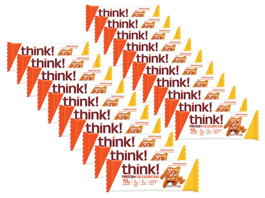 thinkThin Salted Caramel pack front shows gluten-free, high-protein snack option