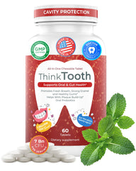 Think Tooth bottle closeup highlighting convenient probiotic formula for daily fresh breath