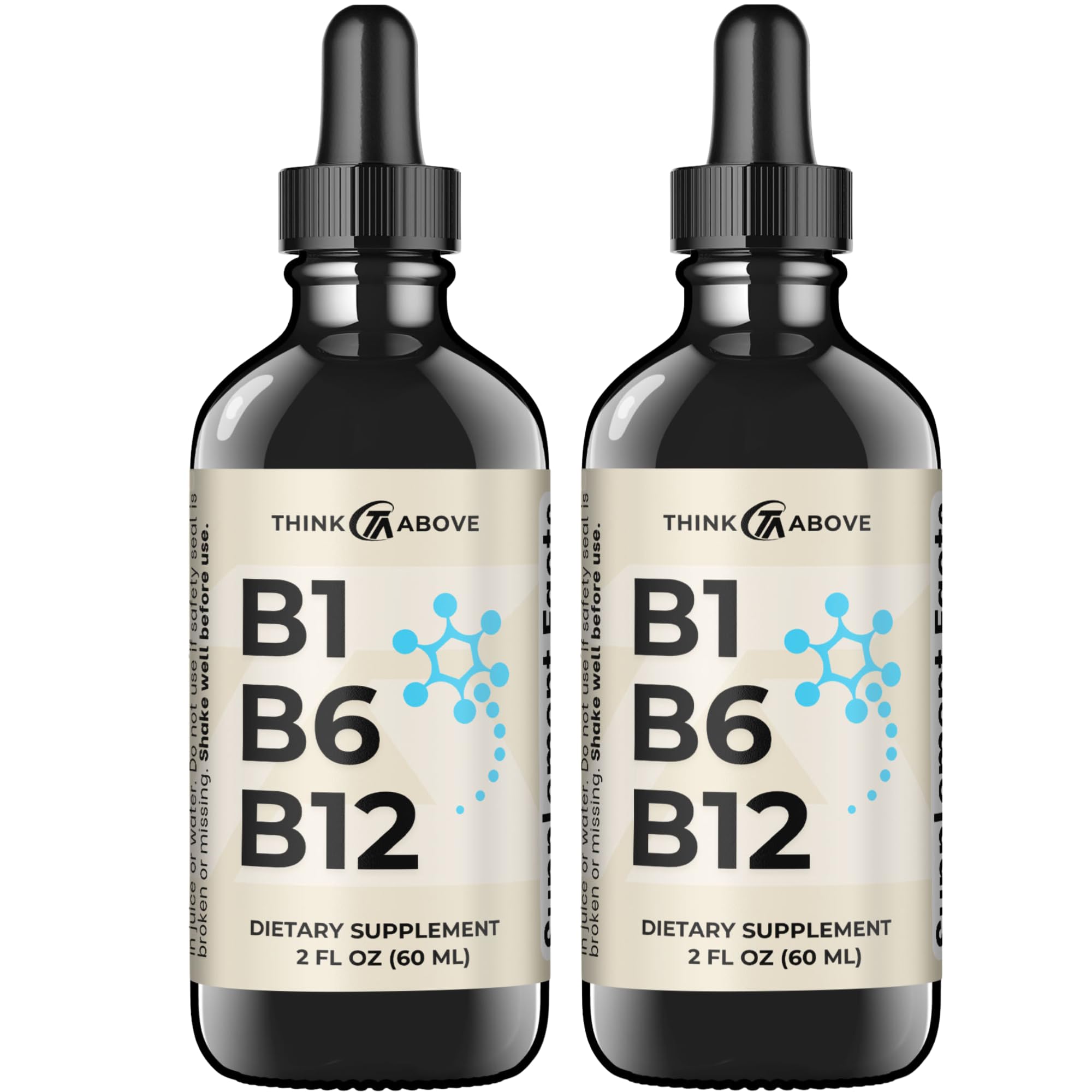Think Above B1 B6 B12 liquid drops bottle with dropper for easy dosing.