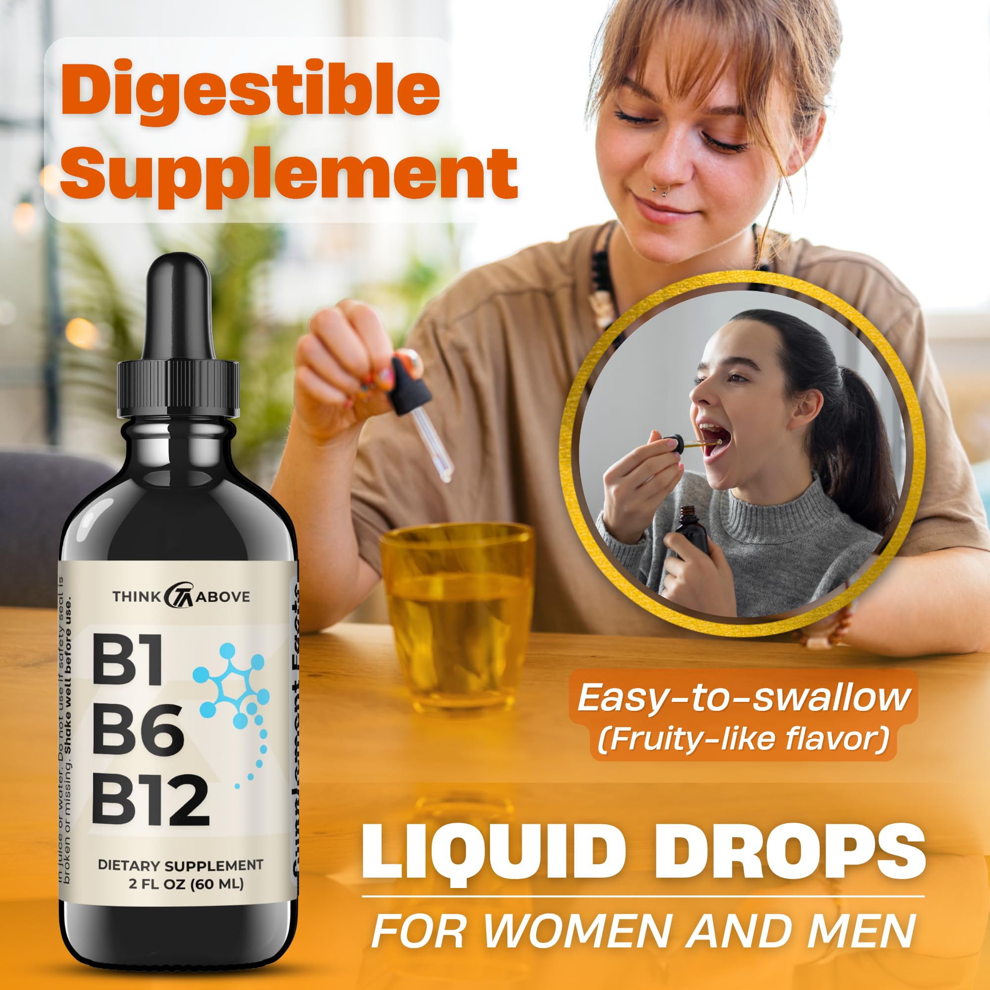 Think Above B1 B6 B12 liquid drops contents offer fruity aroma and ease.