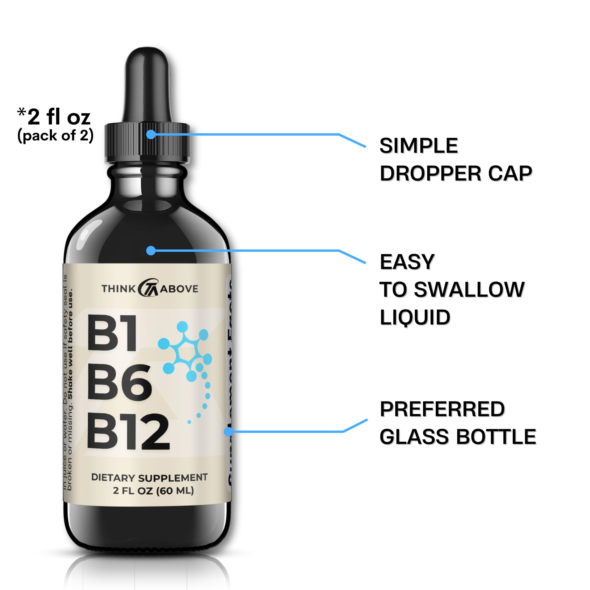 Think Above B1 B6 B12 liquid drops in glass bottle with clear packaging.