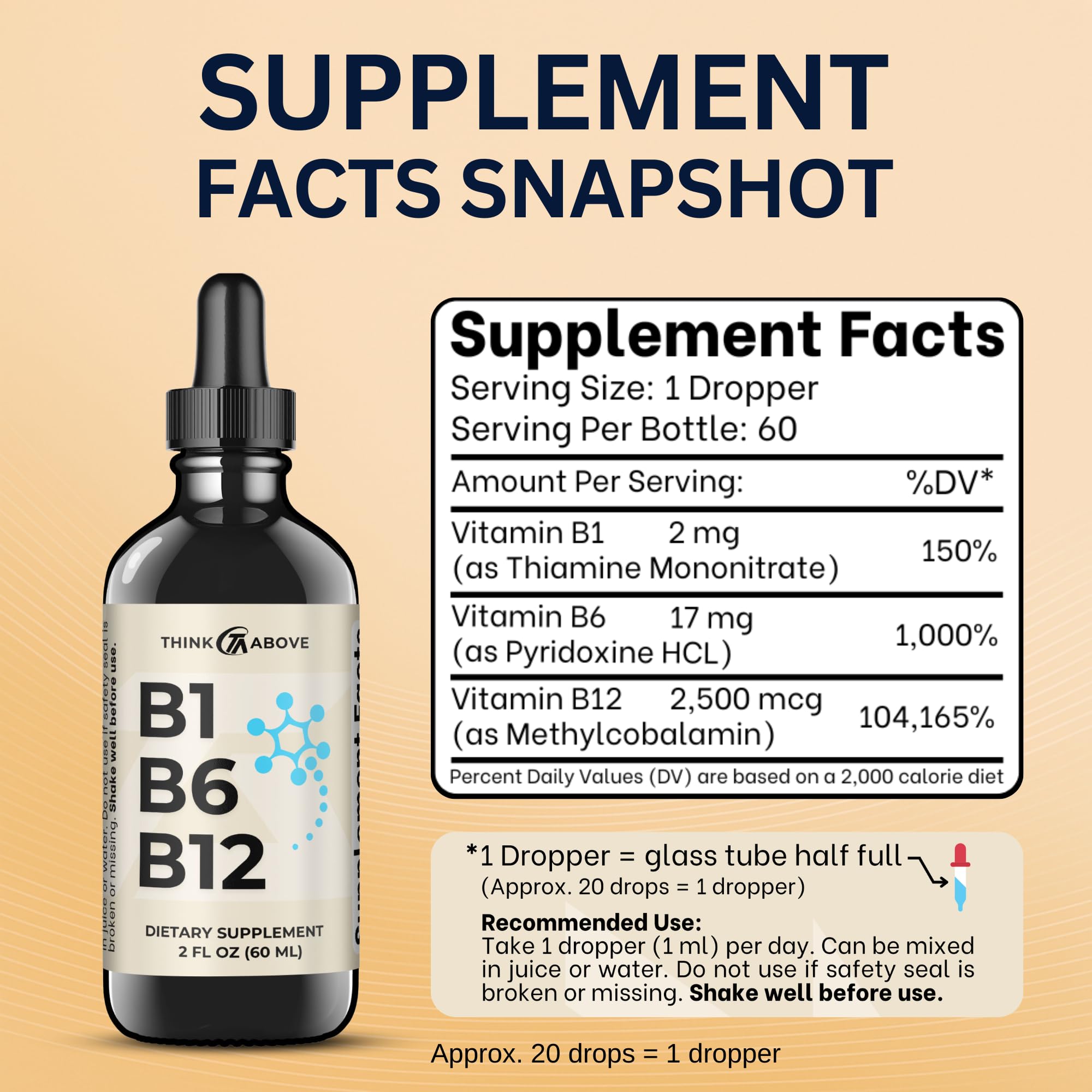 Think Above B1 B6 B12 liquid drops label shows dosage guidance.