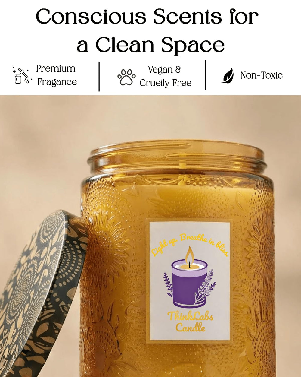 ThinkLabs candle in a calm bedroom setting for relaxation mood.