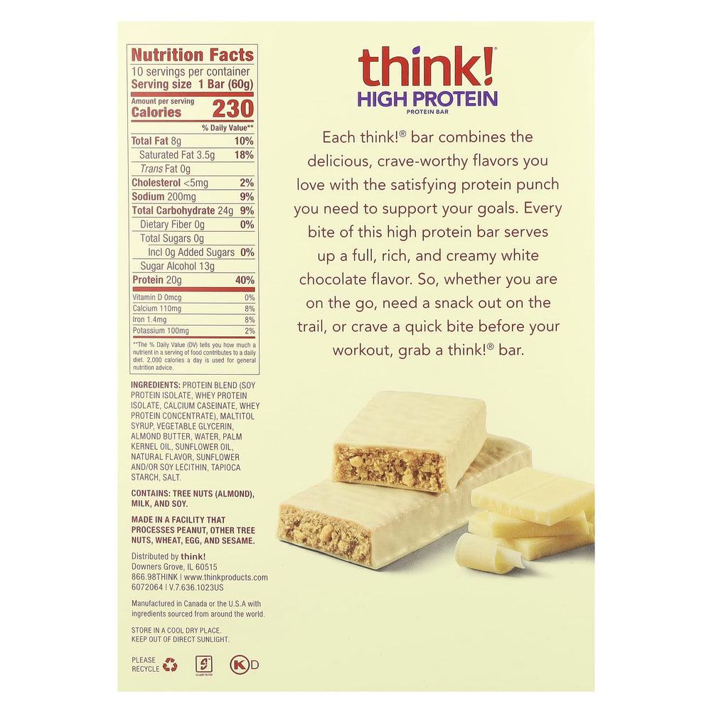 thinkThin white chocolate bar nutrition label notes 0 g sugar per bar