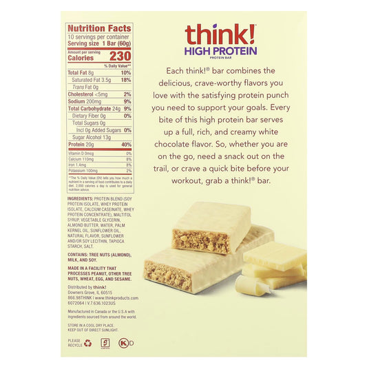 thinkThin white chocolate bar nutrition label notes 0 g sugar per bar