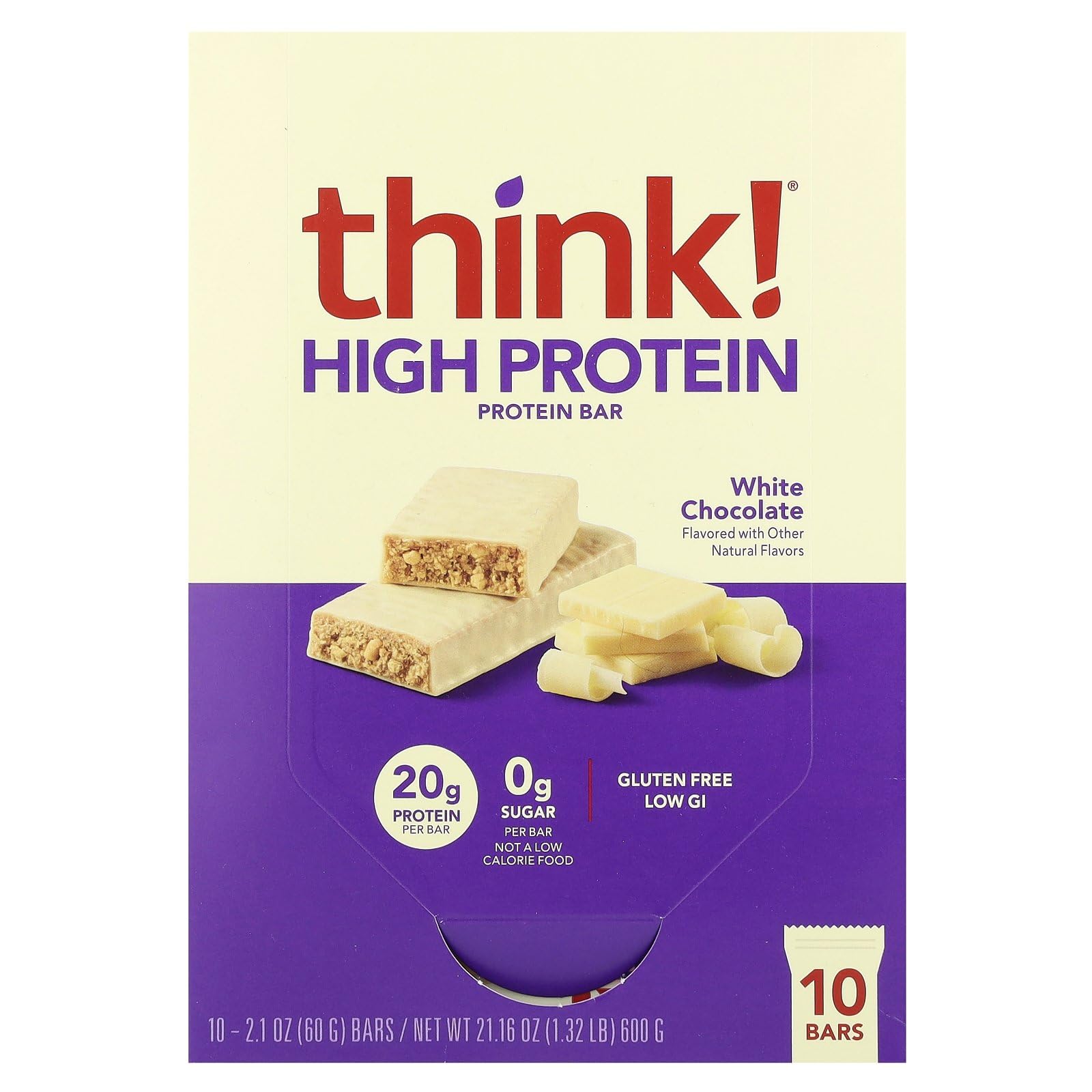 thinkThin white chocolate bar pack shot highlighting protein and packaging