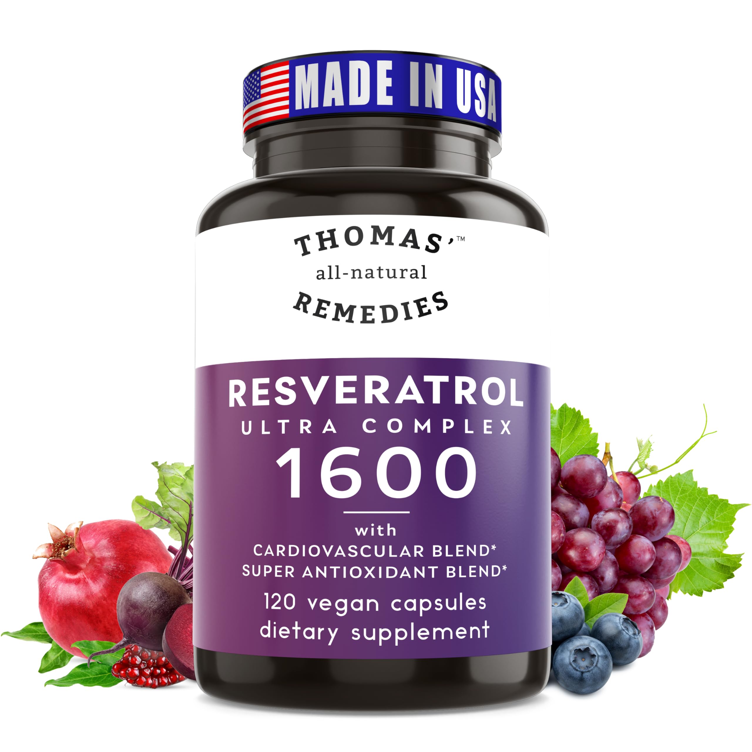 Thomas' Remedies Resveratrol 1600mg bottle promoting immune wellness.