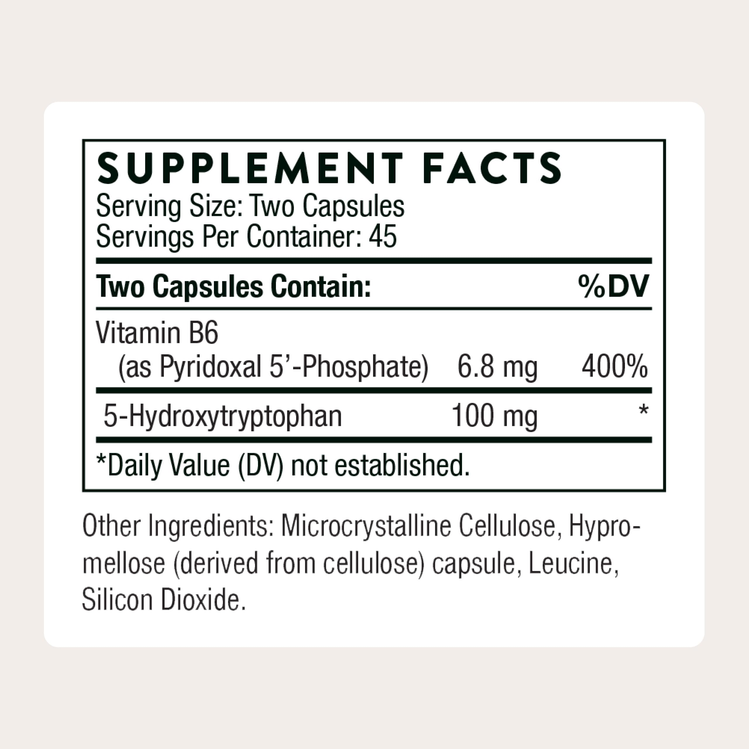 The THORNE 5-HTP label close-up highlights vitamin B6 for mood support.