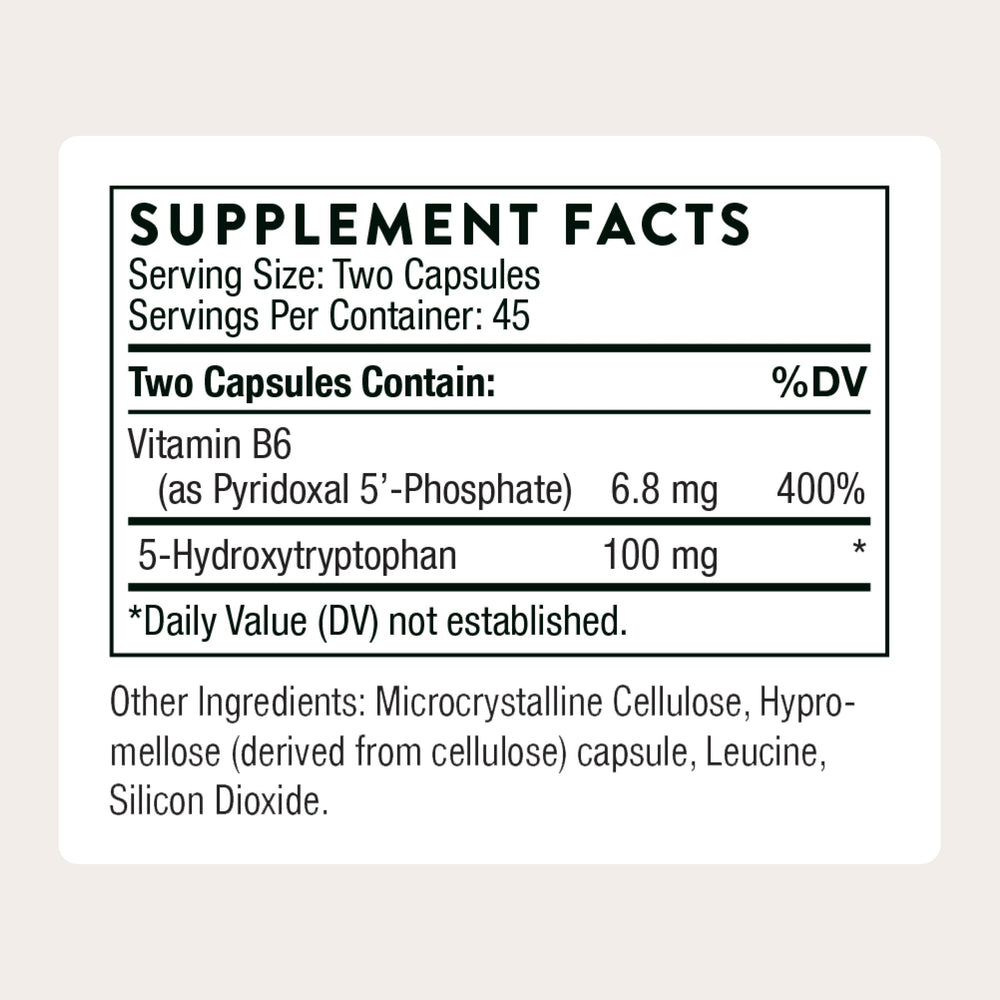 The THORNE 5-HTP label close-up highlights vitamin B6 for mood support.