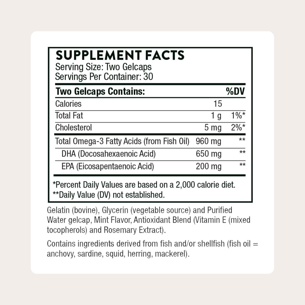 THORNE Advanced DHA bottle label close-up with third-party testing details