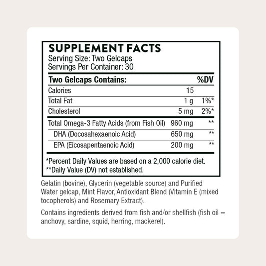 THORNE Advanced DHA bottle label close-up with third-party testing details