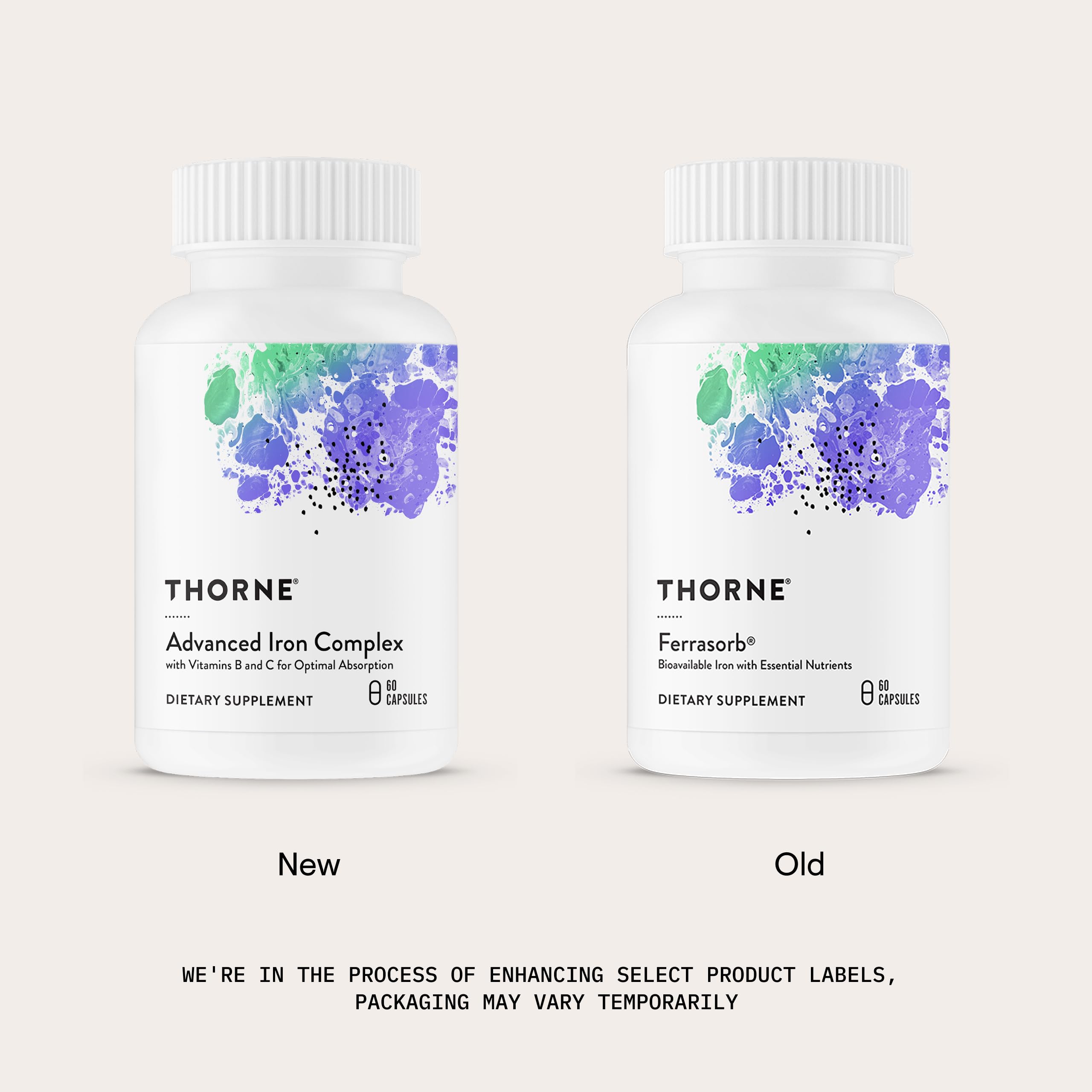 Label detail of THORNE Advanced Iron Complex showing vitamin blend