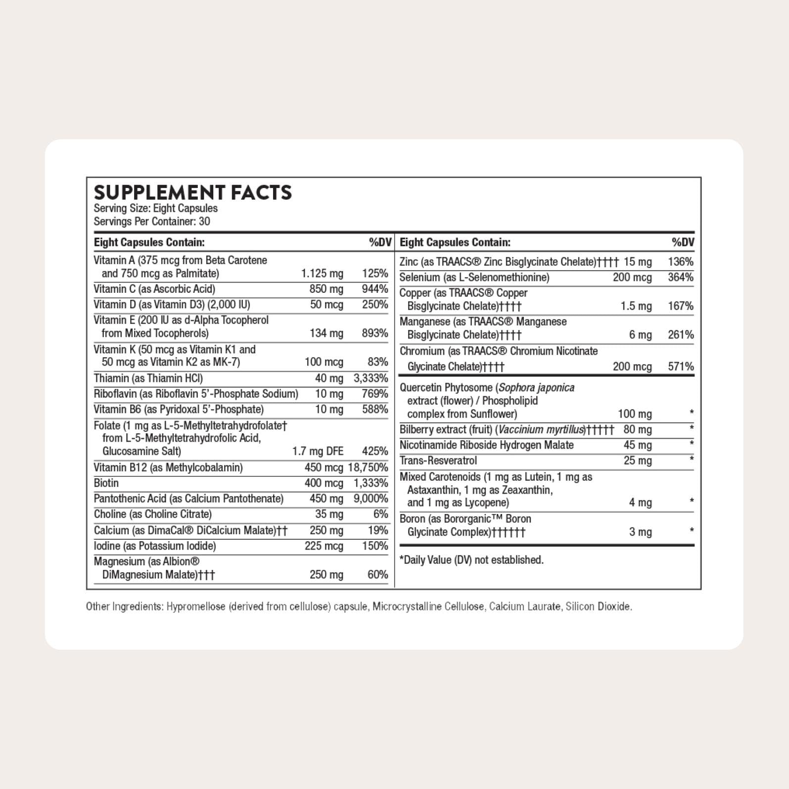 Close-up of Thorne label highlighting nicotinamide riboside and resveratrol benefits