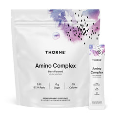 THORNE Amino Complex bottle front showing complete amino blend for lean muscle support.