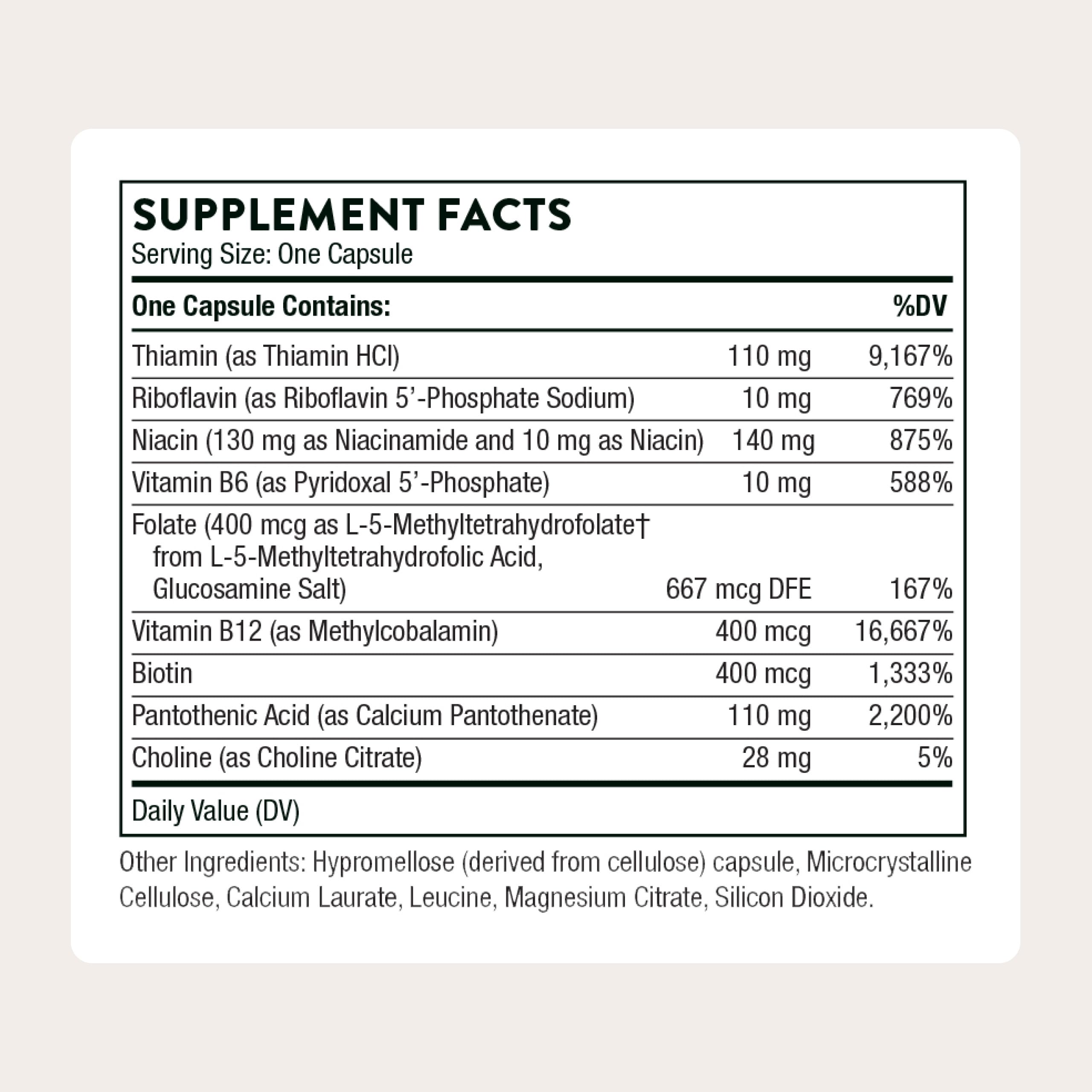 Thorne Basic B-Complex label highlights active tissue-ready ingredients.