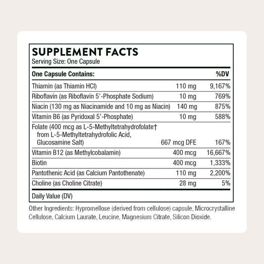 Thorne Basic B-Complex label highlights active tissue-ready ingredients.