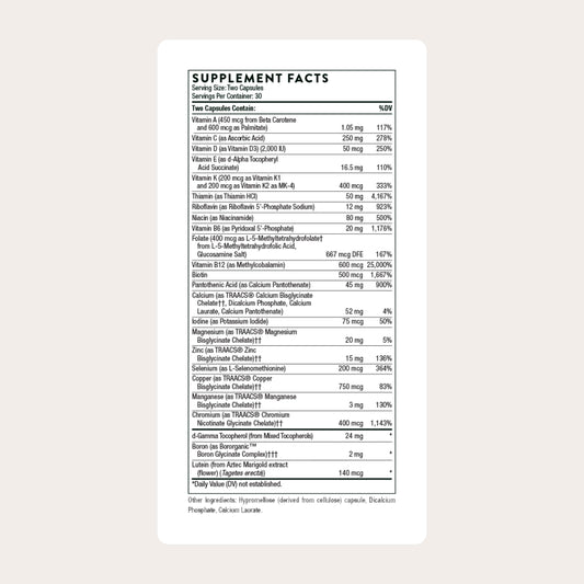 Thorne Basic Nutrients 2/Day capsules-closeup showing soft, easy-to-swallow form