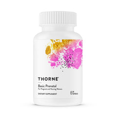 THORNE Basic Prenatal bottle front view showing gluten, dairy, and soy-free formula for daily support