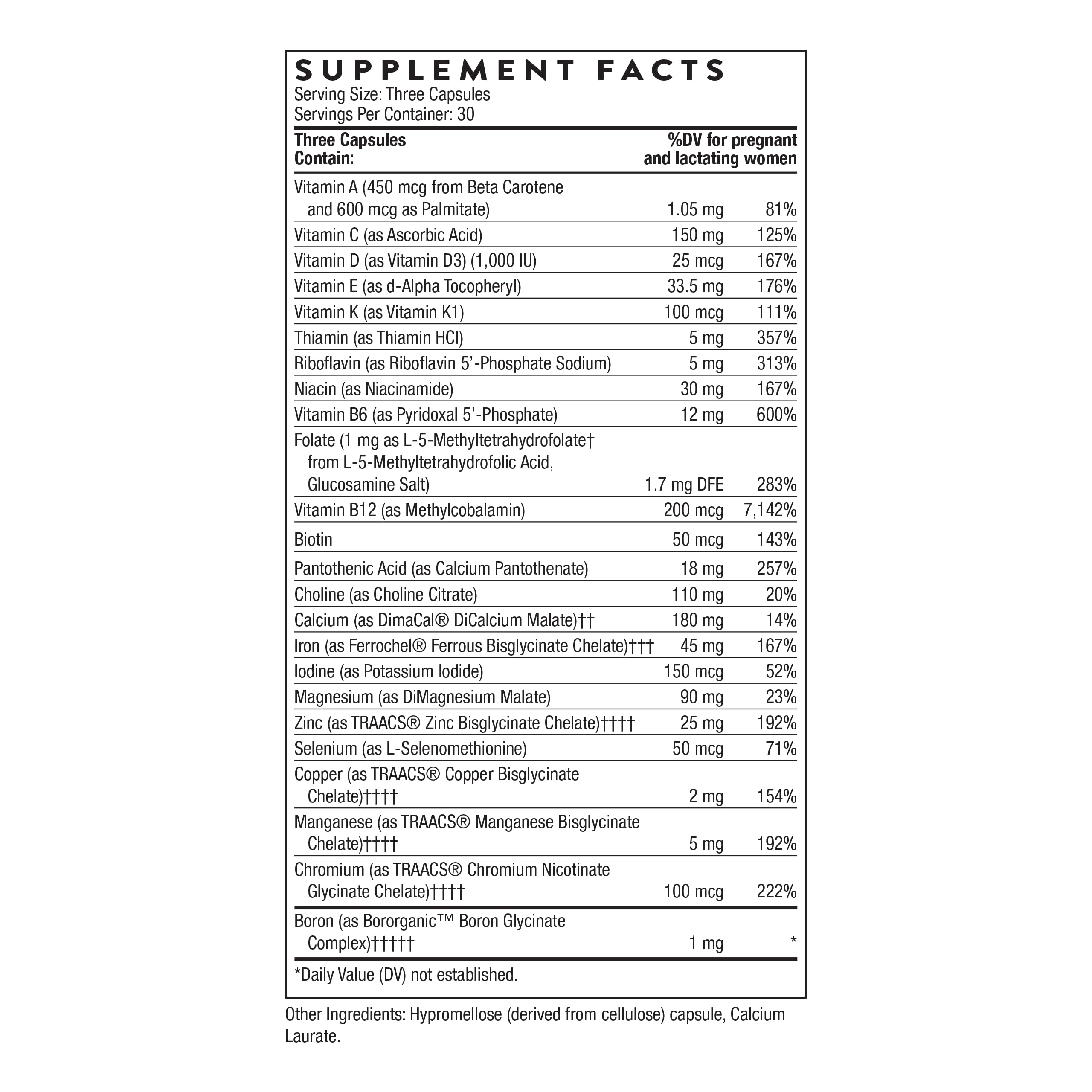 THORNE Basic Prenatal bottle side label with 18 vitamins and minerals for comprehensive prenatal nutrition