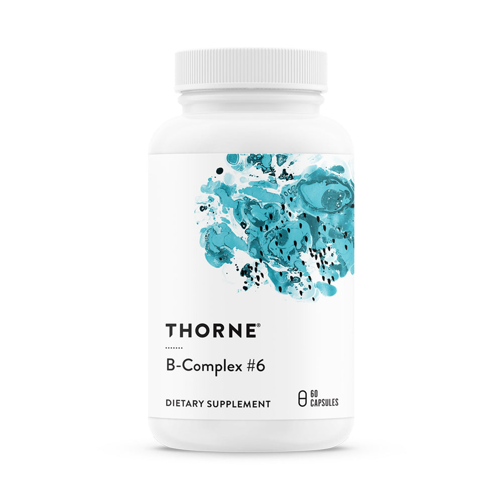 Thorne B-Complex6 bottle closeup showing active B vitamins for daily energy support.
