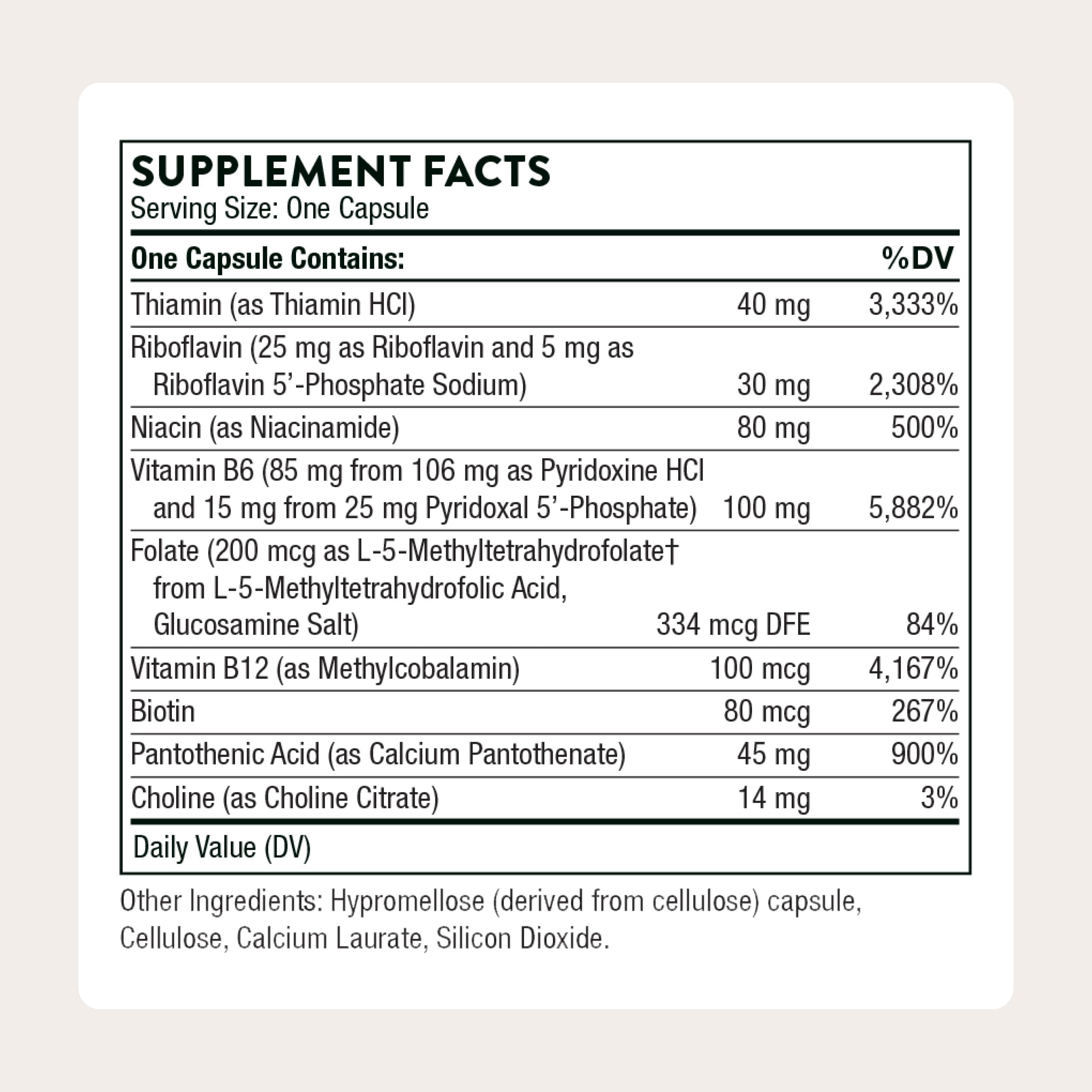 Thorne B-Complex6 capsules inside bottle ready for daily supplementation.