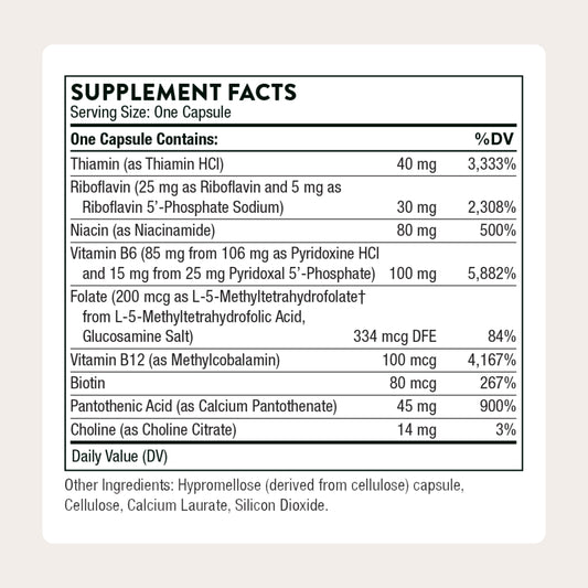 Thorne B-Complex6 capsules inside bottle ready for daily supplementation.