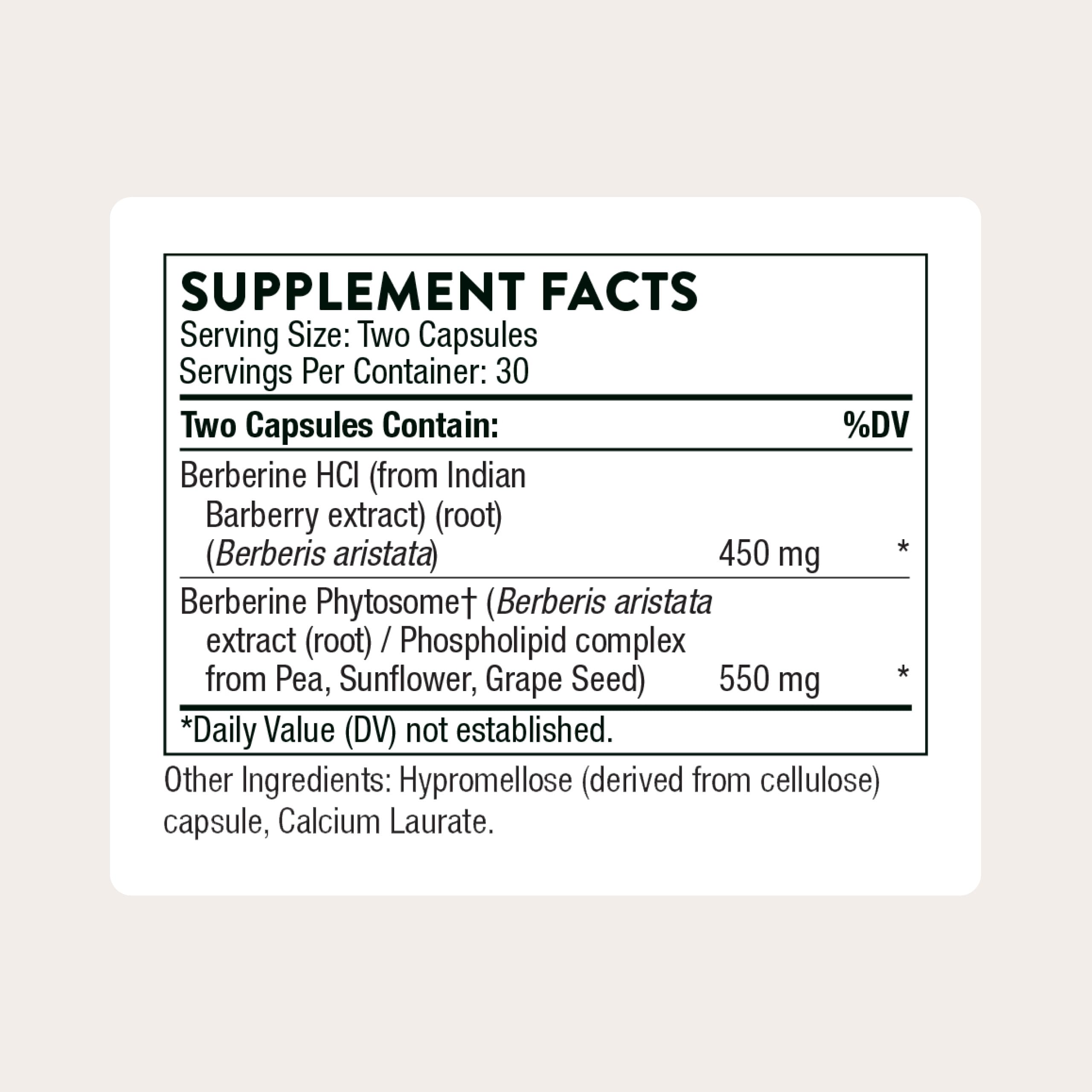 Thorne Berberine bottle back label highlights ingredients and dosage for daily use.