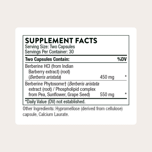 Thorne Berberine bottle back label highlights ingredients and dosage for daily use.