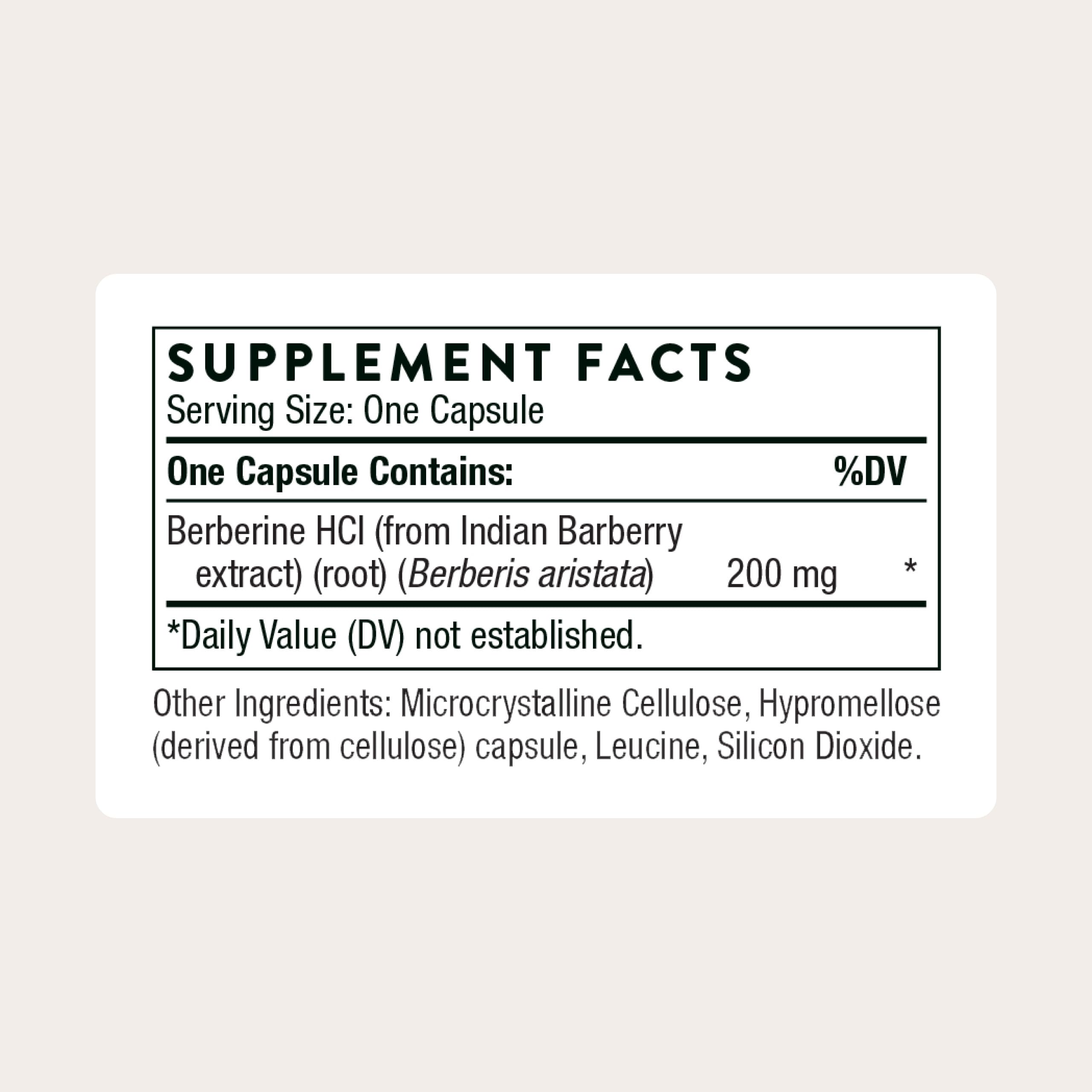 Close-up of THORNE Berberine label with dosage information.