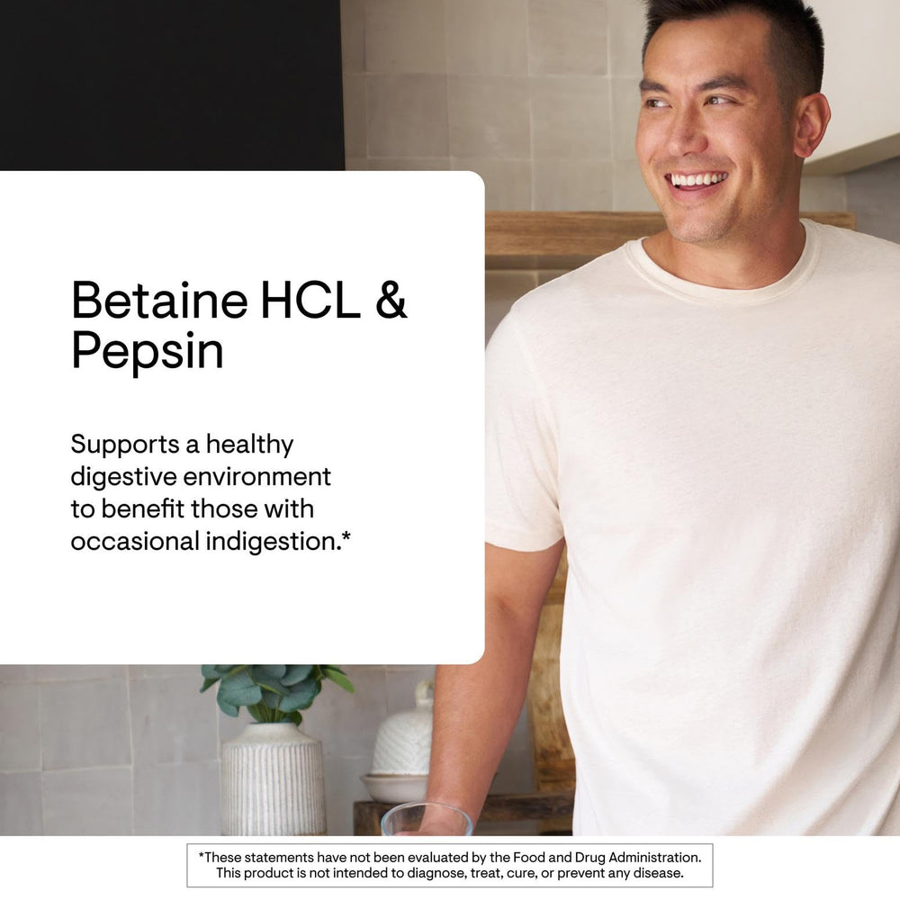 THORNE Betaine HCL & Pepsin capsules ready to support protein breakdown during meals.