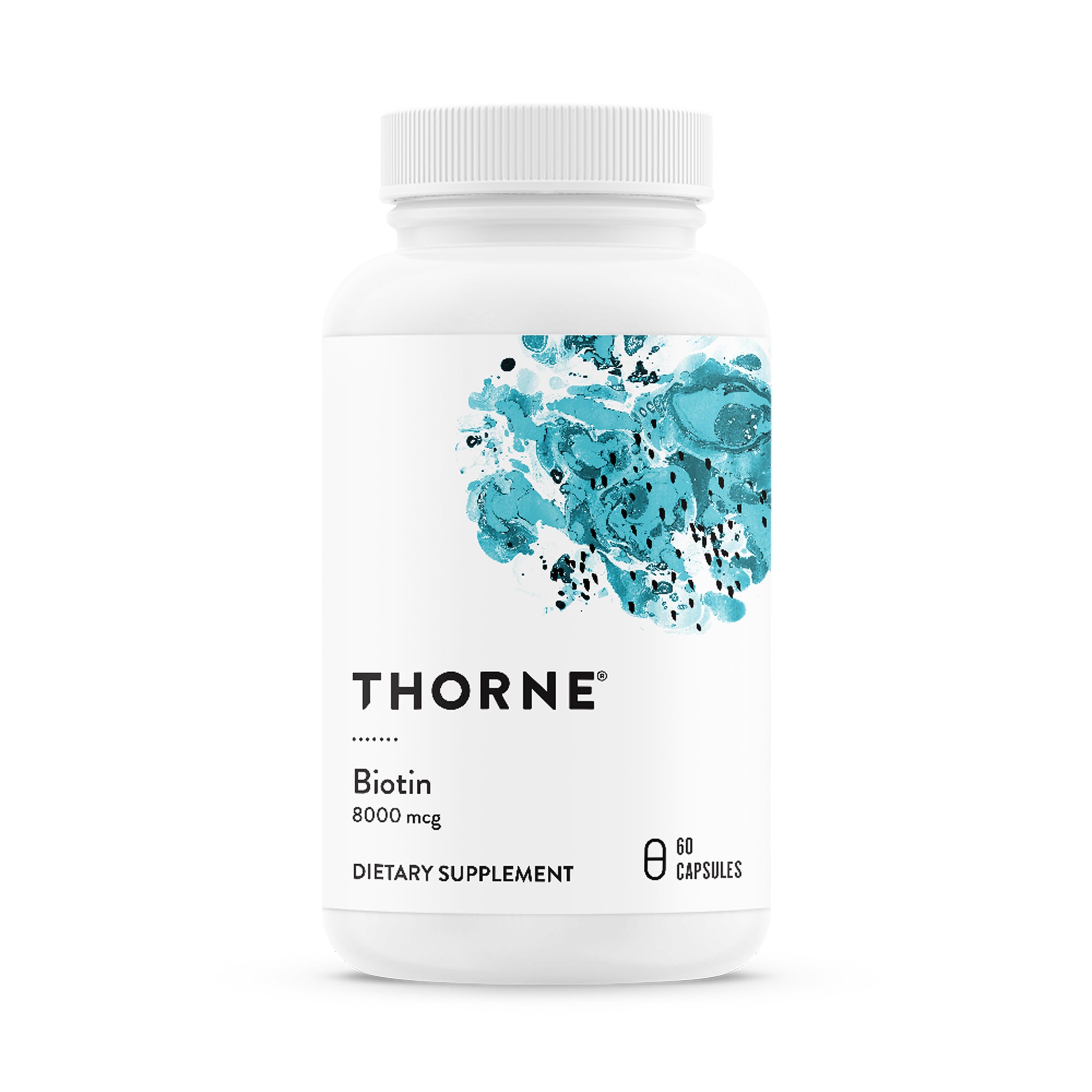 Thorne Biotin bottle front view highlighting hair and nail support potential