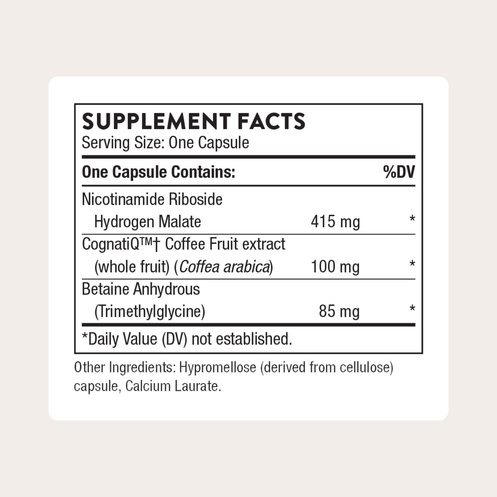 Thorne Brain Factors bottle label close-up highlighting key ingredients for cognition.