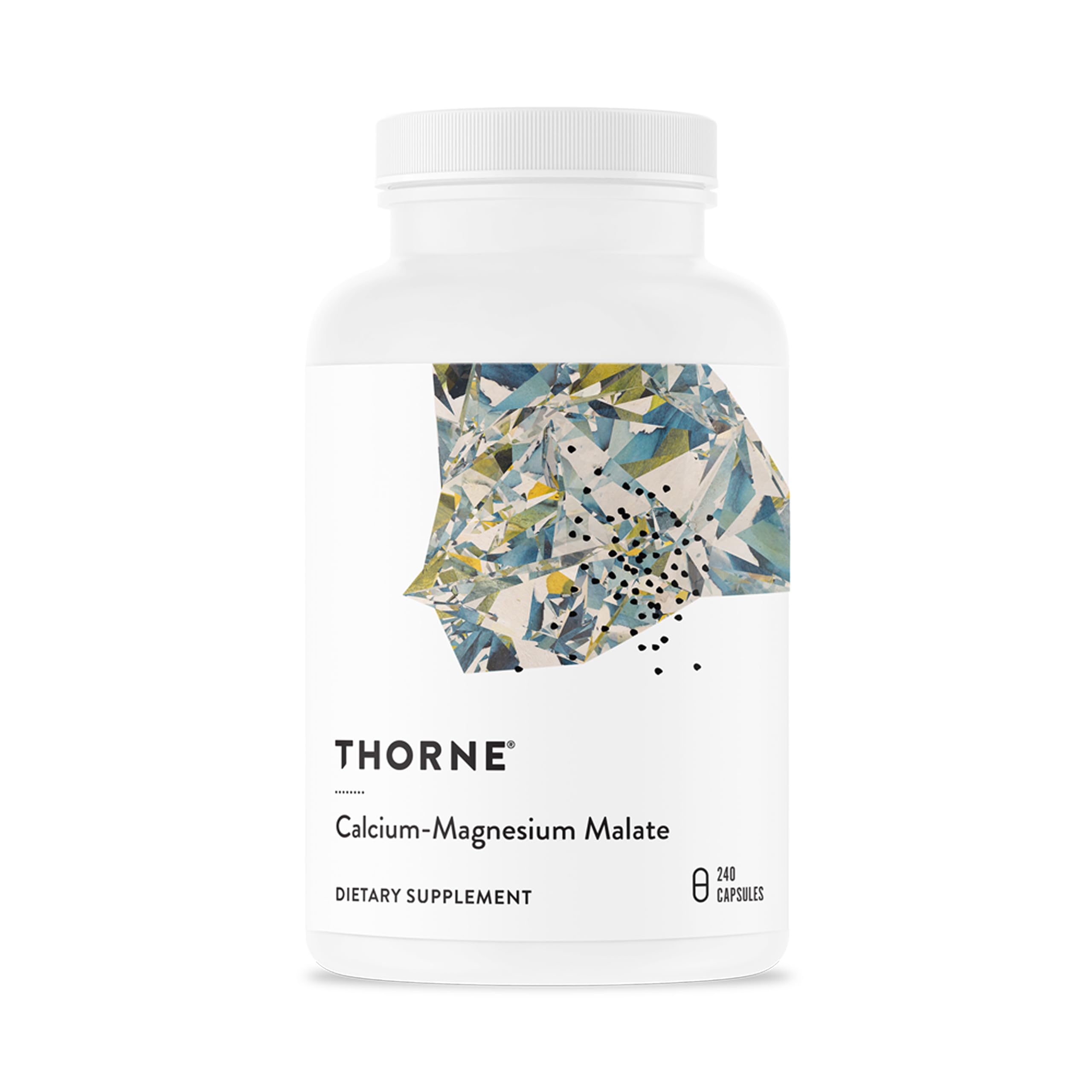 THORNE Calcium-Magnesium Malate bottle front, gluten-free formula for bone support.