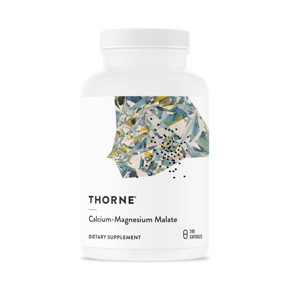 THORNE Calcium-Magnesium Malate bottle front, gluten-free formula for bone support.