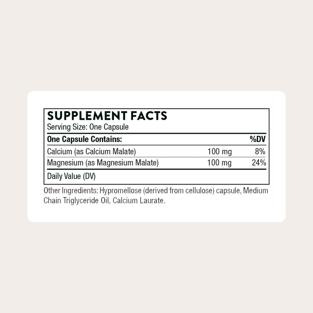 THORNE Calcium-Magnesium Malate bottle label shows Albion minerals for absorption.