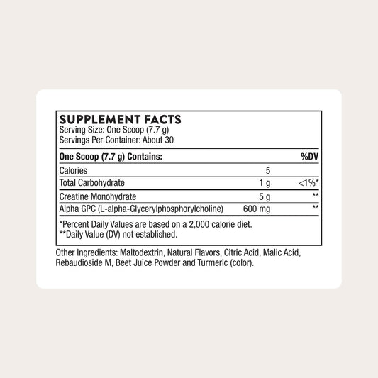 THORNE Creatine Alpha-GPC label back with supplement details