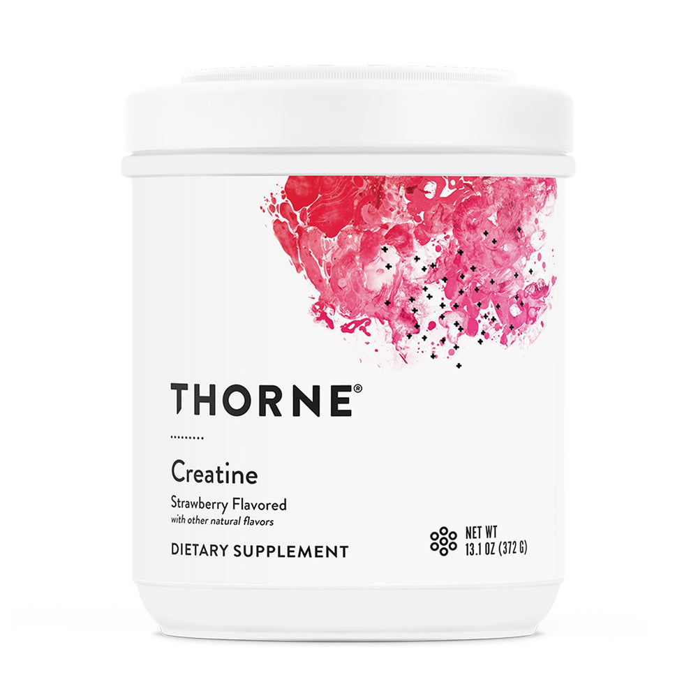 THORNE Creatine bottle close-up highlighting muscular endurance support for workouts