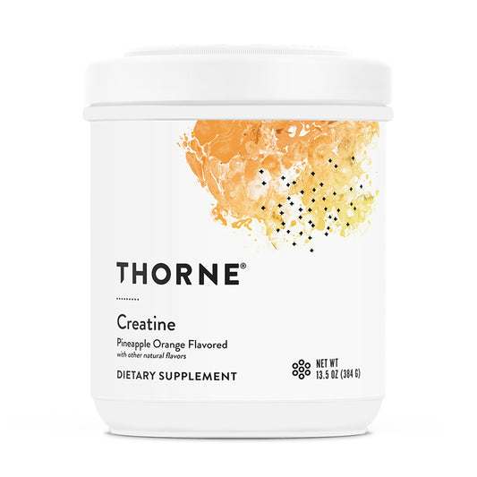 Thorne Creatine pineapple-orange bottle pour supports training energy and flavor.