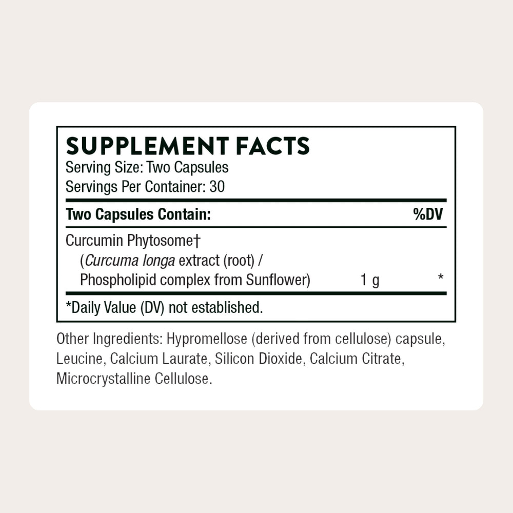THORNE Curcumin Phytosome 1000 mg bottle label highlights Meriva high-absorption formulation.
