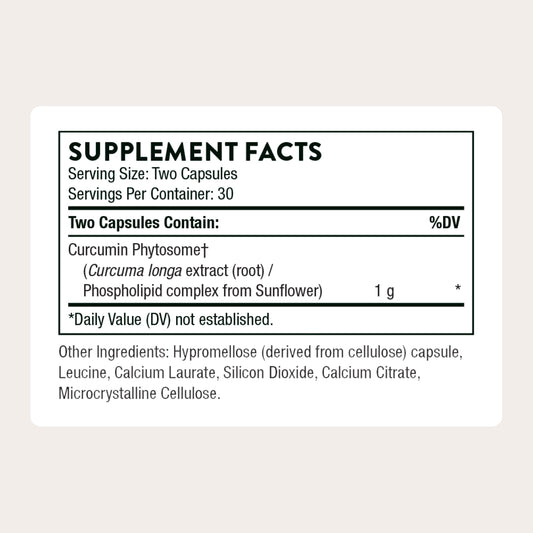 THORNE Curcumin Phytosome 1000 mg bottle label highlights Meriva high-absorption formulation.