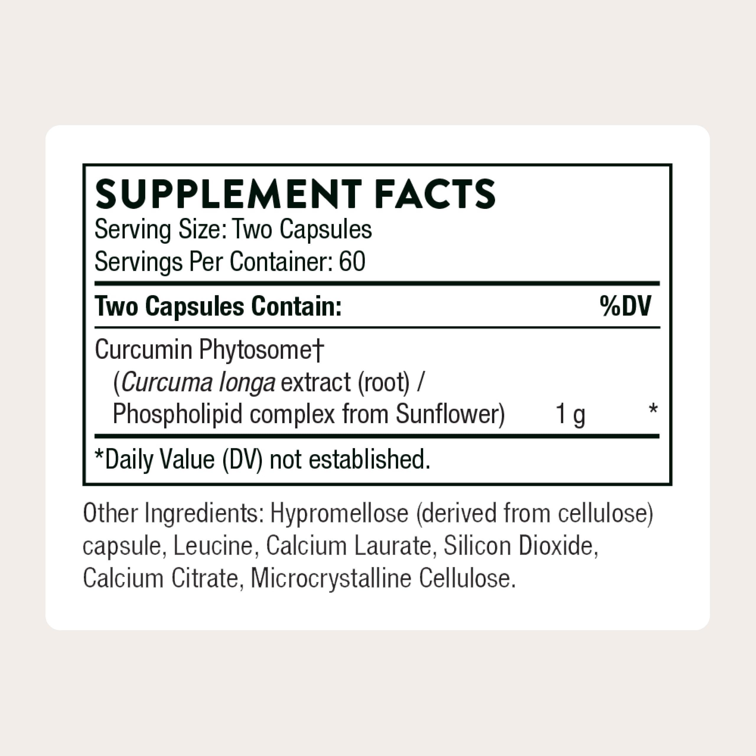 Thorne Curcumin Meriva label close-up highlights high absorption.