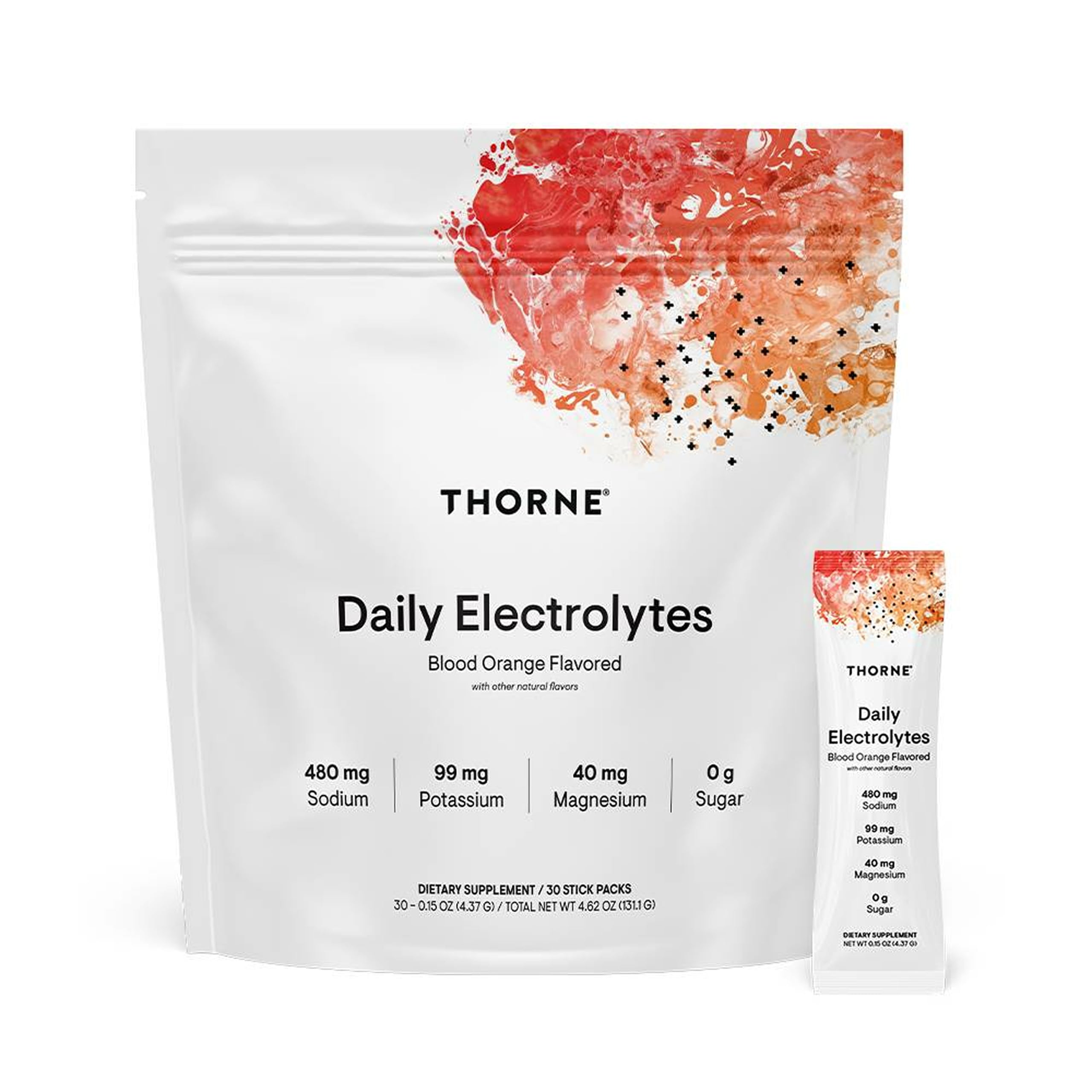 THORNE Daily Electrolytes blood orange stick pack for zero sugar hydration on the go.