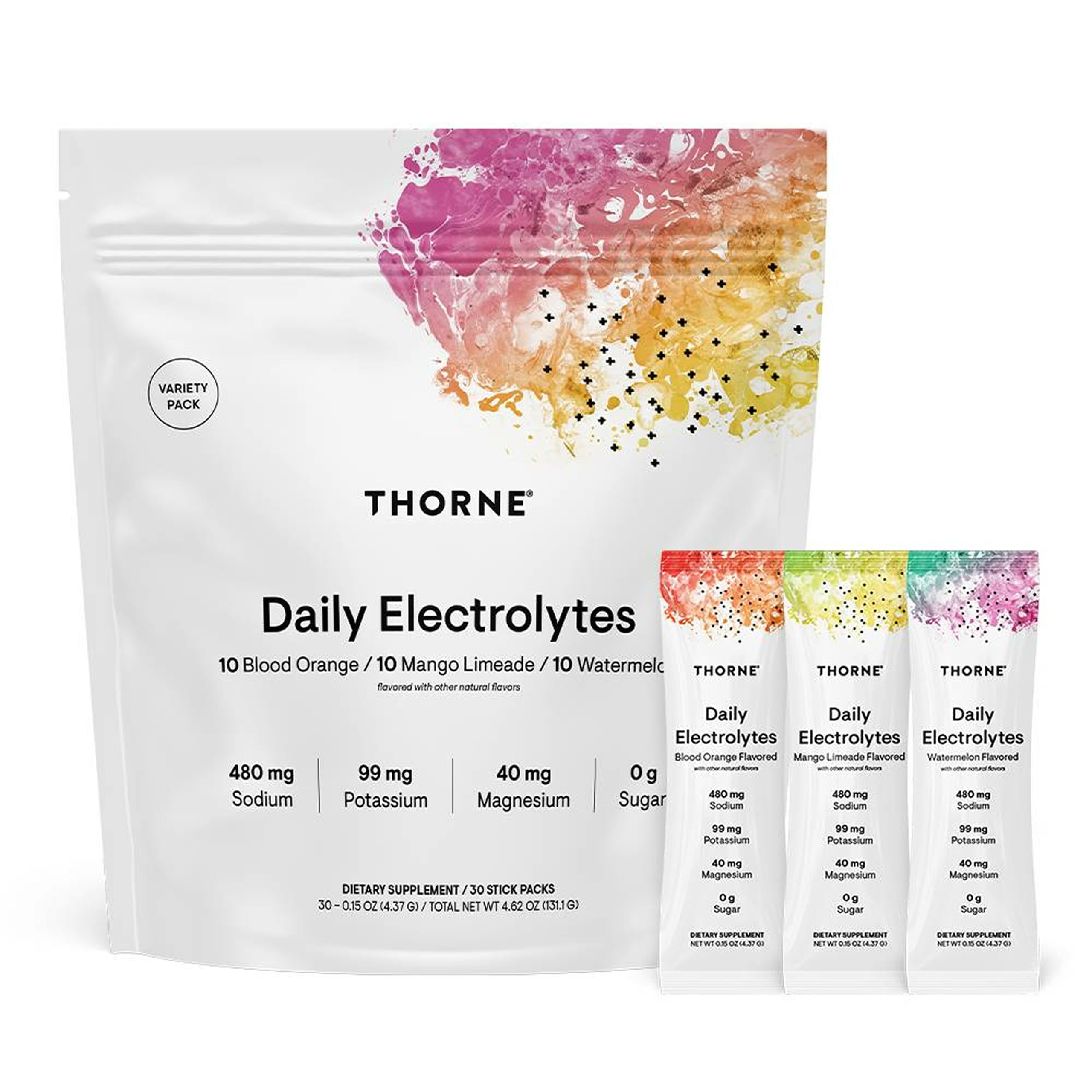 Thorne Daily Electrolytes bottle front shows zero sugar and natural flavor benefits.