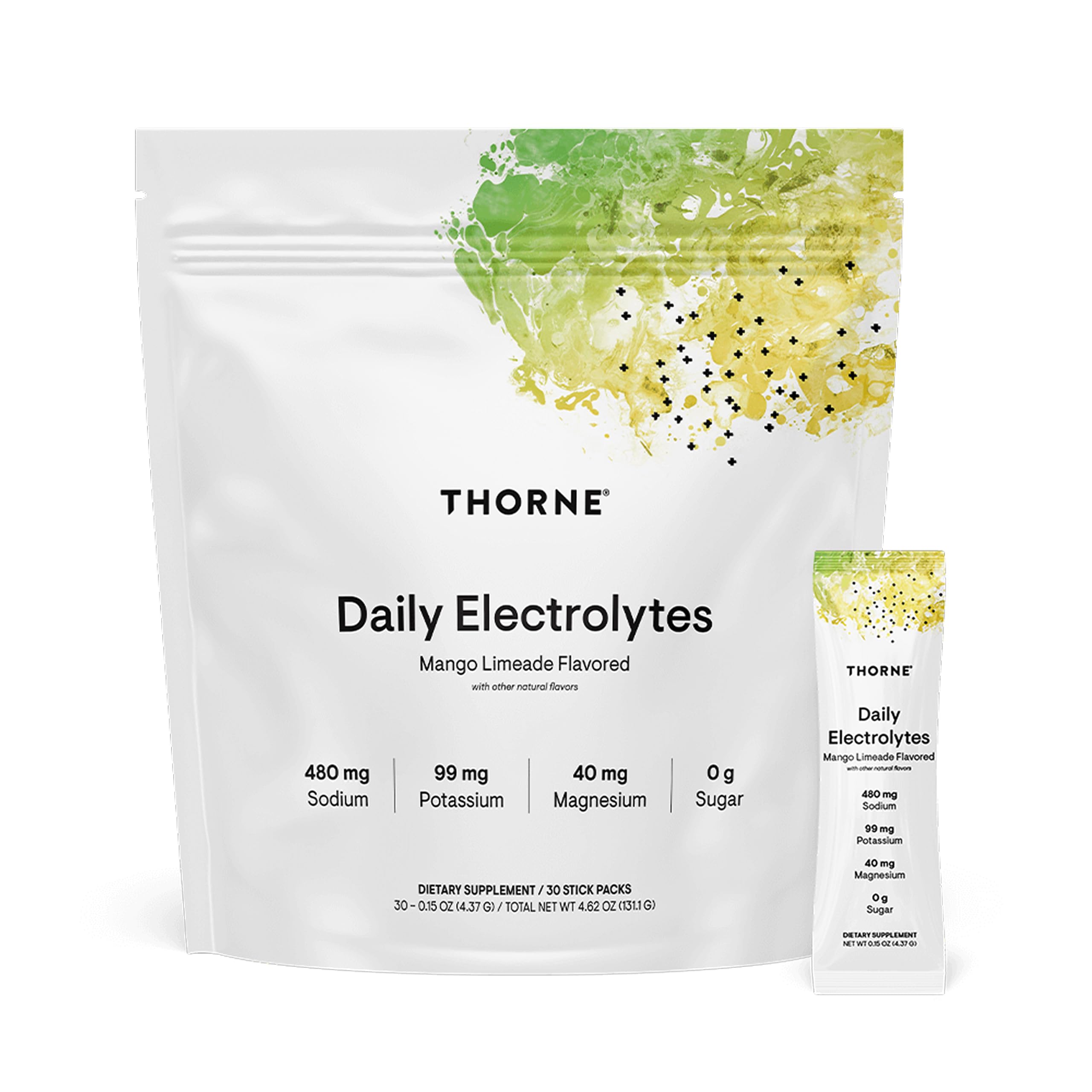 THORNE Daily Electrolytes pack shot shows zero-sugar hydration for active days.