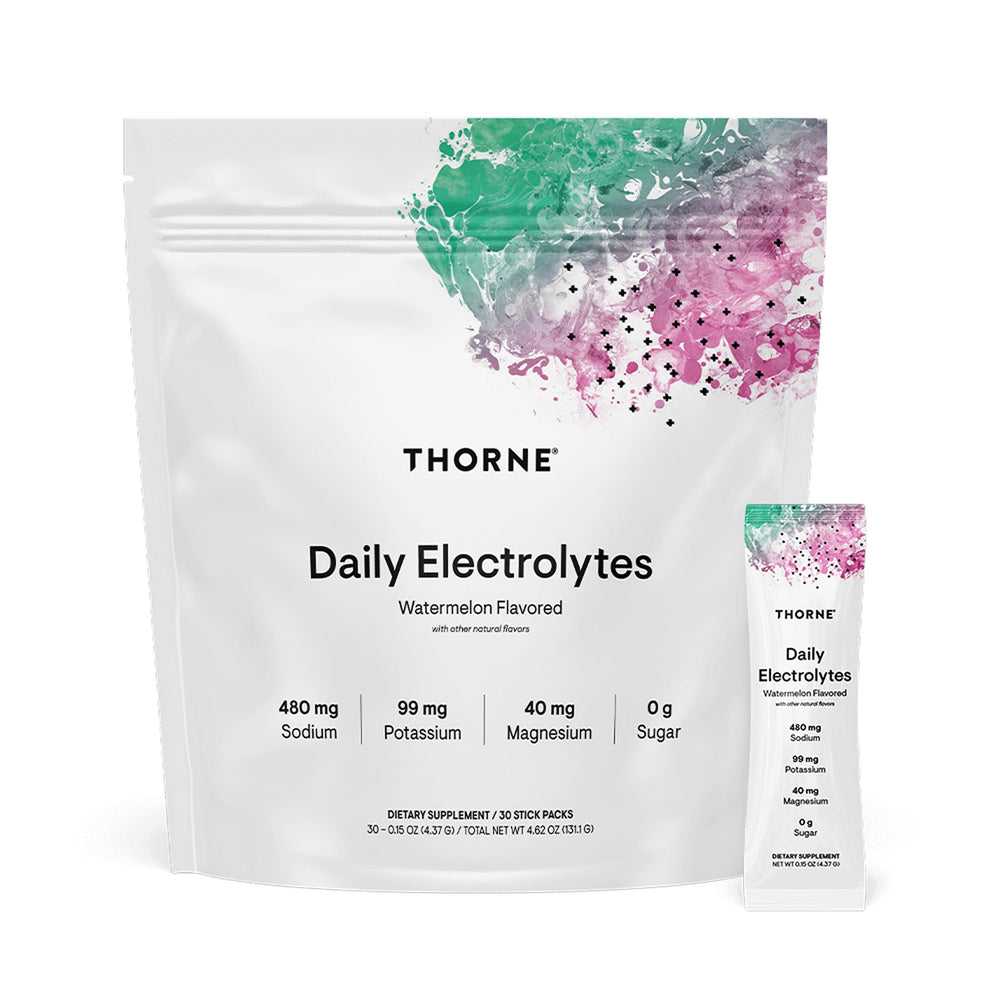 Thorne Daily Electrolytes watermelon stick-pack for convenient on-the-go hydration