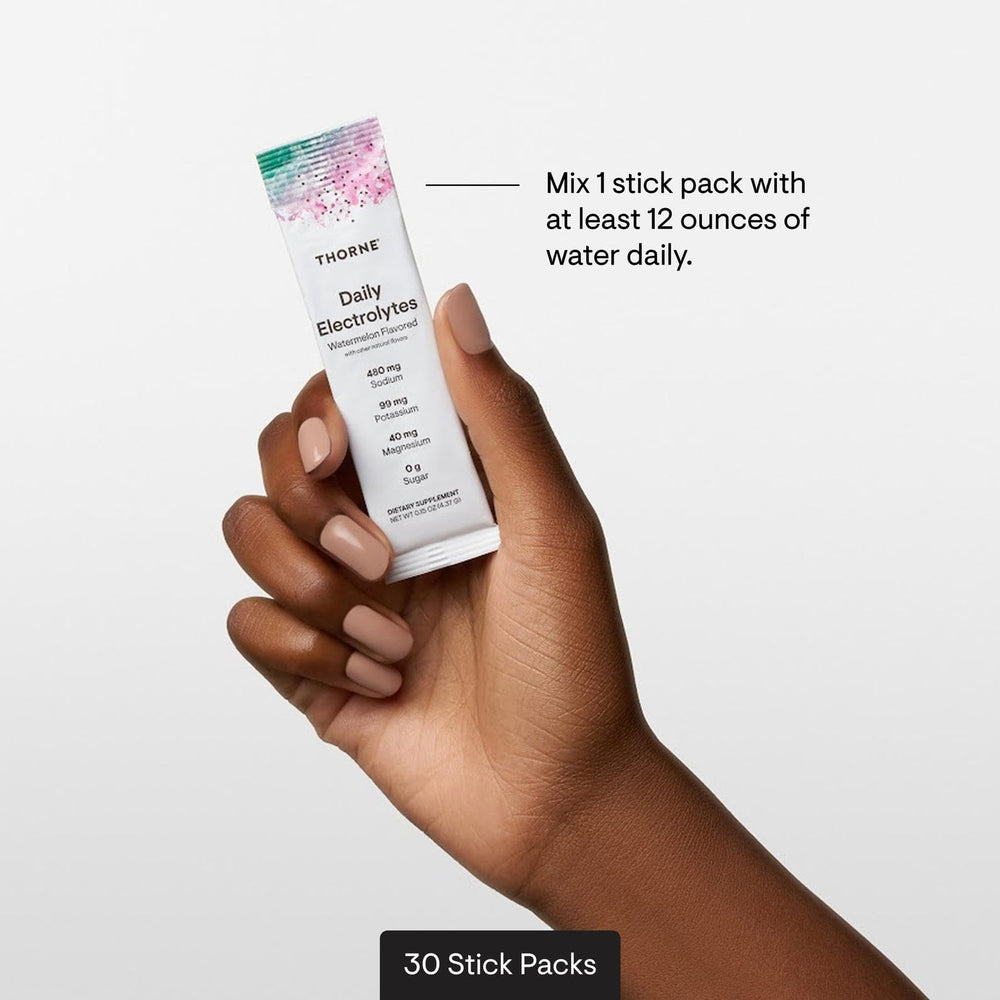 Thorne Daily Electrolytes zero-sugar packaging emphasizing health-friendly hydration