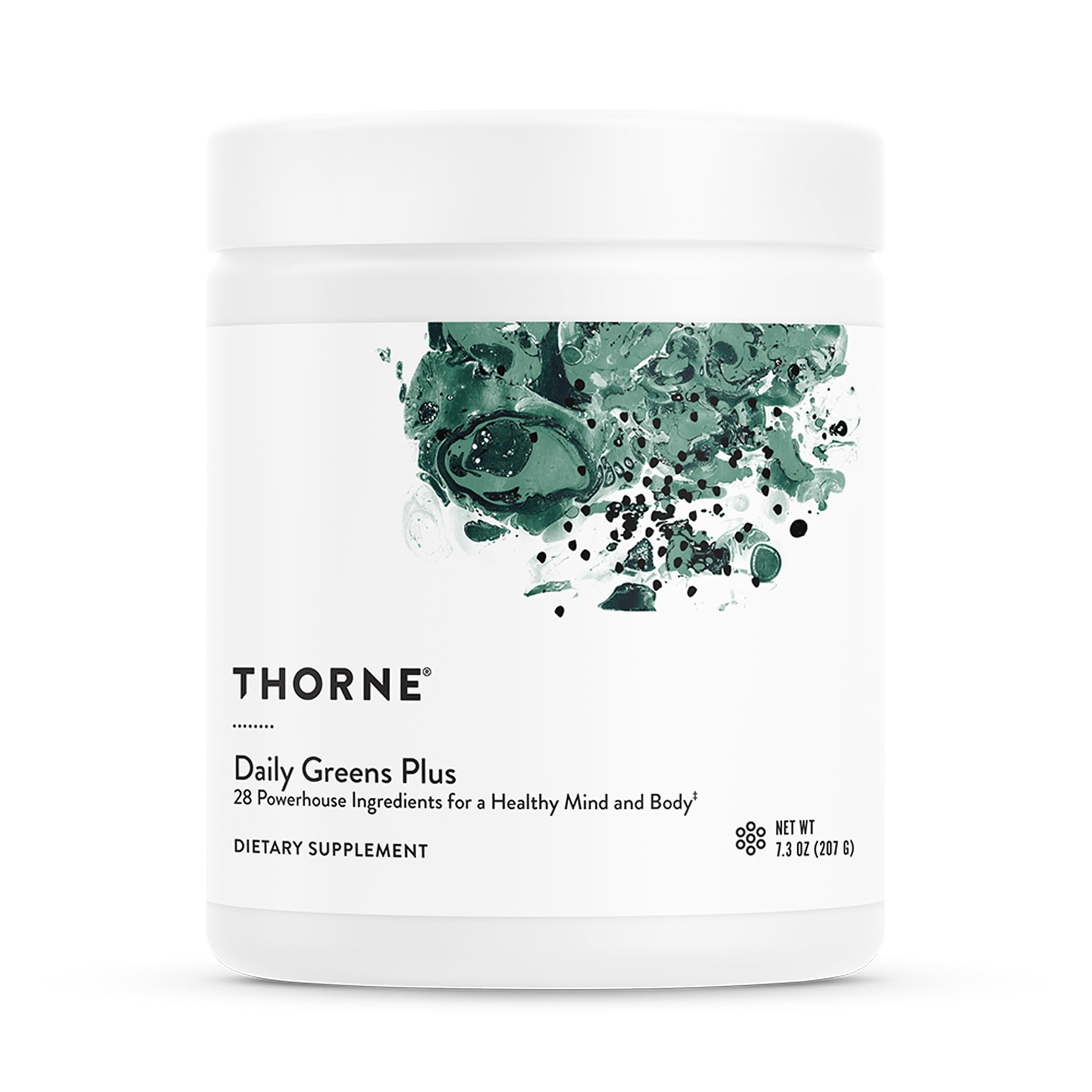 THORNE Daily Greens Plus bottle for daily nutrition and mint flavor