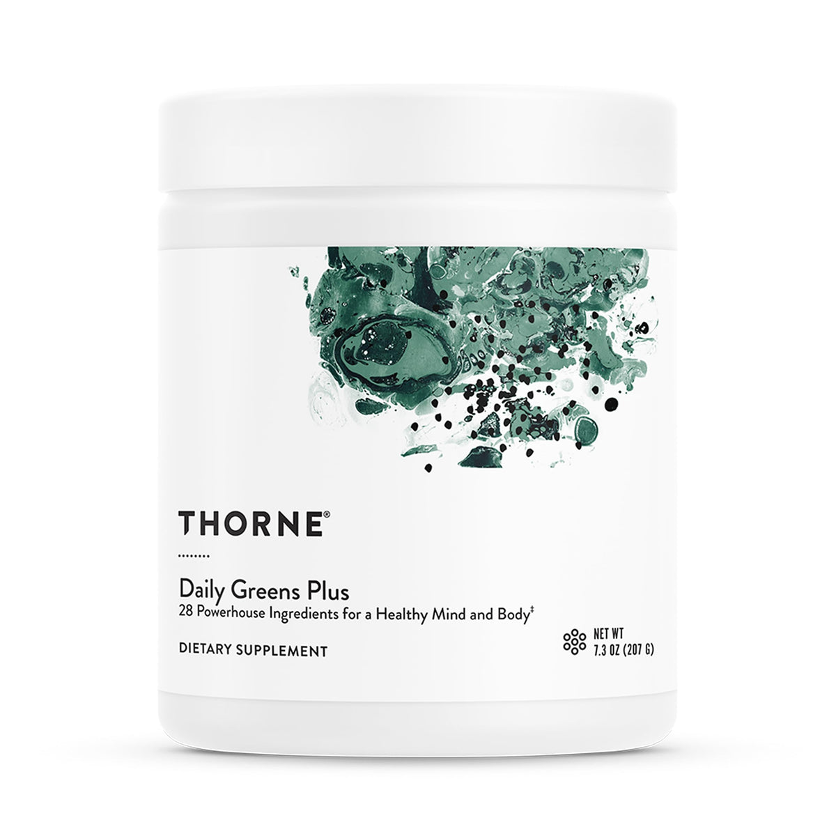 THORNE Daily Greens Plus bottle for daily nutrition and mint flavor