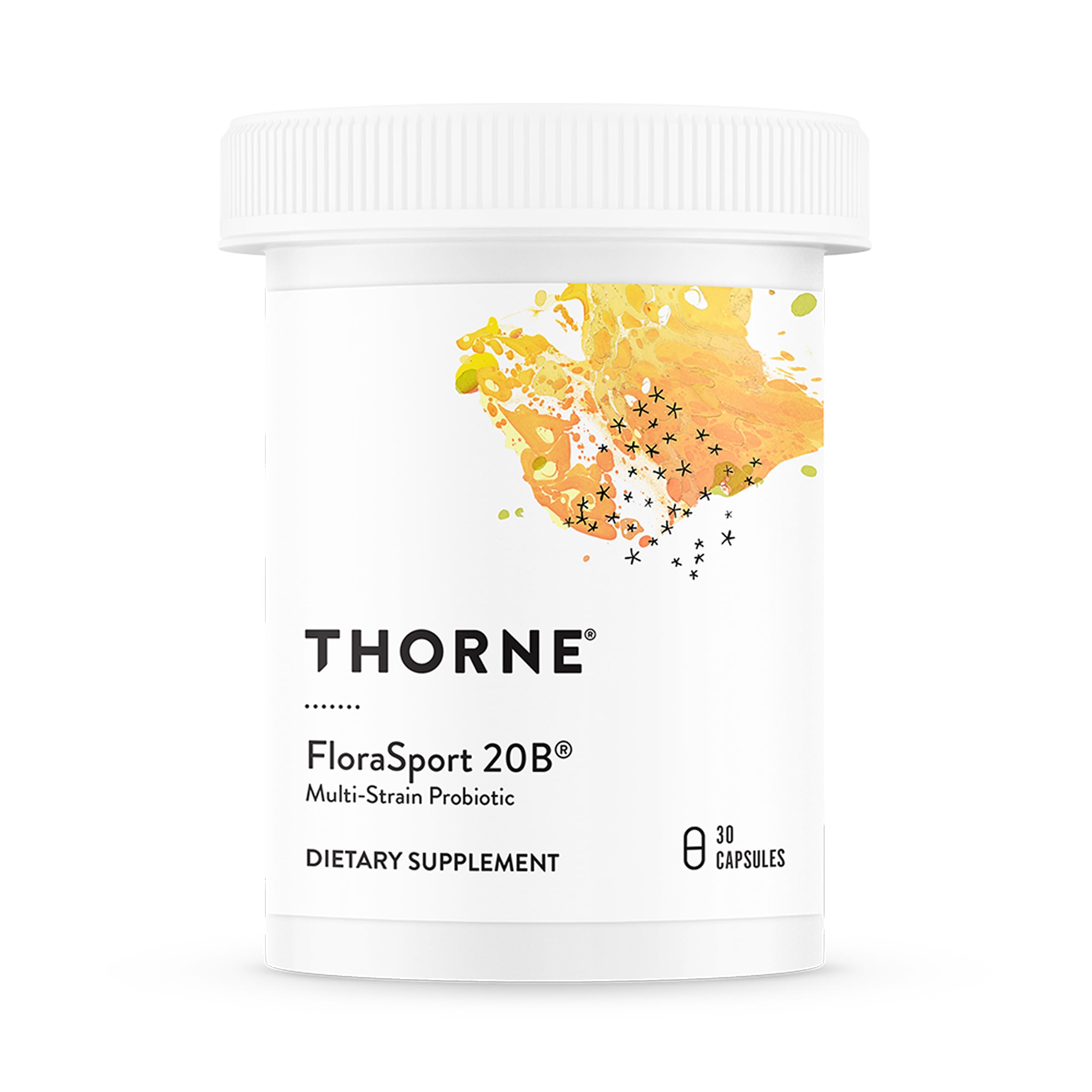 THORNE FloraSport 20B bottle close-up highlighting gut health support
