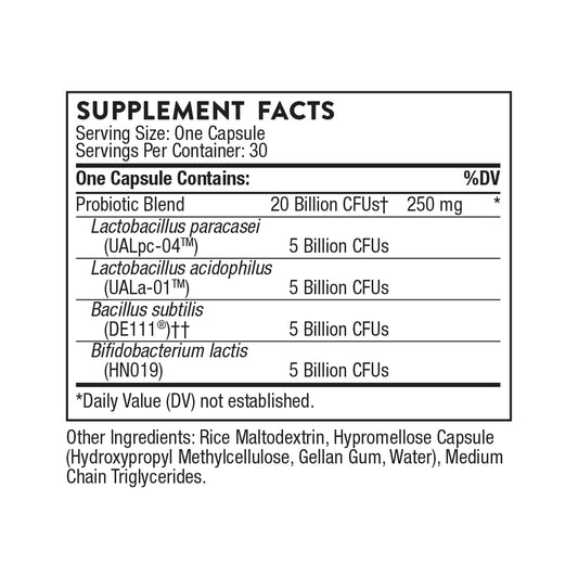 THORNE FloraSport 20B capsules inside bottle emphasizing 20B CFUs stability